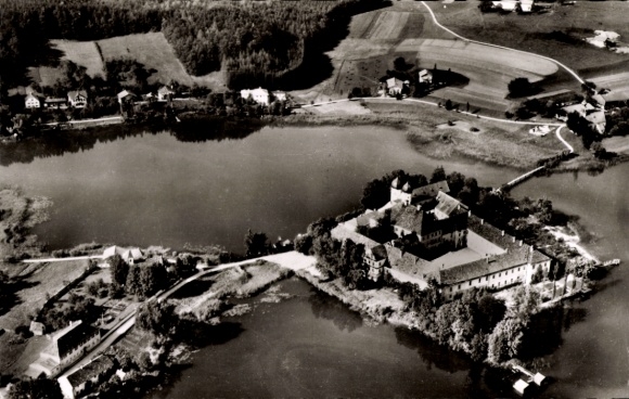 Postcard Seeon Seebruck am Chiemsee Upper Bavaria, aerial view of the castle surrounded by water and forest