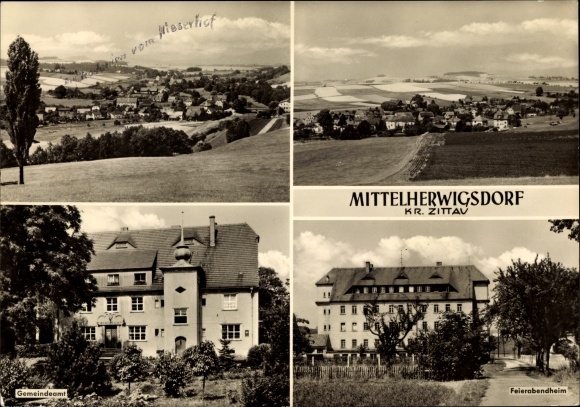 Postcard Mittelherwigsdorf Zittau basin, general view, municipal office, after-work home
