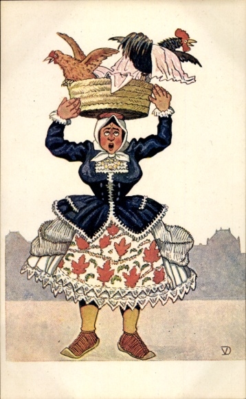 Artist Postcard Woman in Croatian costume, carrying basket with rooster and hen on her head