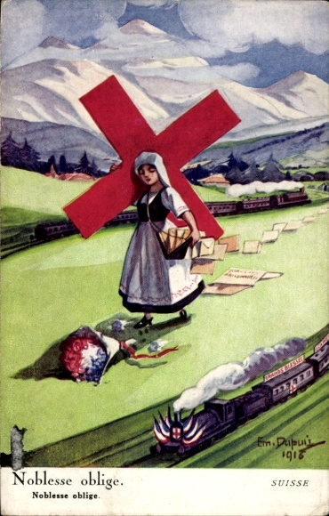 Kunstenaar Ak Dupuis, Em., Suisse, Je fais tous mes effortm, Helvetia, Kruis, Brieven, Spoorweg