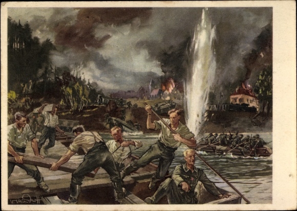 Kunstenaarskaart Mundorff, V., pioniers, Wehrmacht-soldaten klaar voor actie, II WO