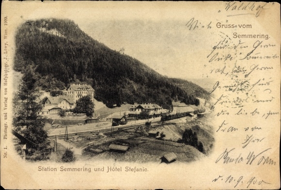 Postcard Semmering in Lower Austria, station, train station, Hotel Stefanie, steam locomotive