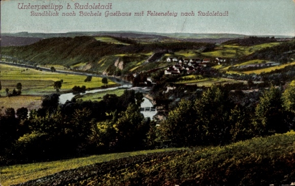 Ak Unterpreilipp Rudolstadt in Thüringen, Rundblick nach Büchels Gasthaus mit Felsensteig
