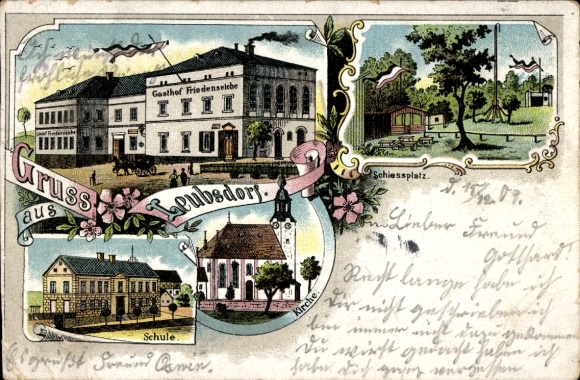 Ak Leubsdorf in Sachsen, Postkarte mit Gasthof Friedenselche, Schule, Kirche, Schießplatz