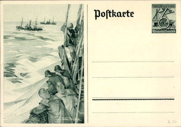 Postwaardestuk Ansichtkaart Axster Heudtlaß, vissers op volle zee, vissersboten