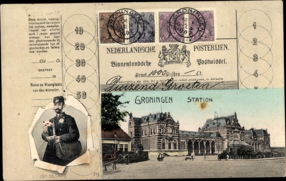 Passepartout Postcard Groningen Niederlande, Station, Bahnhof, Nederlandsche Posterijen