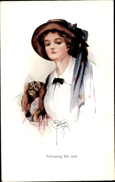 Artist Postcard Barber, Court, Following the Race, Young Woman at the Horse Race, Puppy
