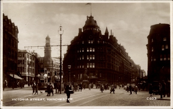 Postcard Manchester England, Victoria Street, architecture, people, tram