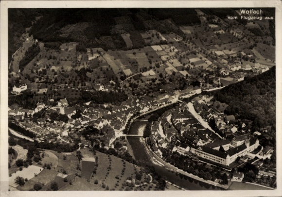 Postcard Wolfach in the Black Forest, aerial view of river, buildings, rural surroundings
