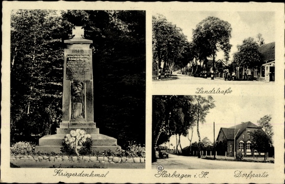 Postcard Harbergen Staffhorst Lower Saxony, war memorial, country road, village area