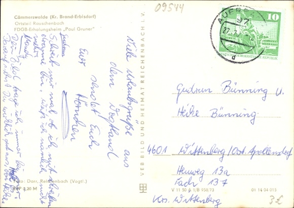 Postcard Rauschenbach Cämmerswalde Neuhausen in the Ore Mountains, FDGB convalescent home Paul Gruner