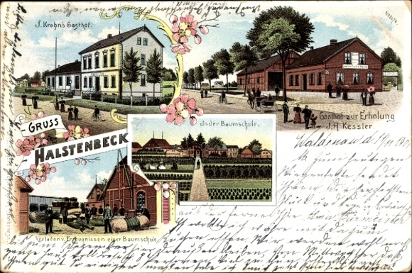 litho Halstenbek in Holstein, herberg J. Krohn, herberg JH Kessler voor ontspanning, boomkwekerij