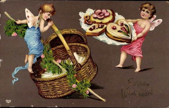 Postcard Dillingen im Saarland, Two Putti with Christmas Gifts.