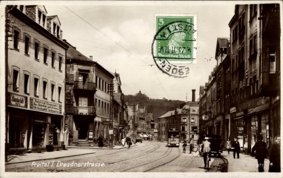 Postcard Freital in Saxony, Dresdner Straße, shops, tram
