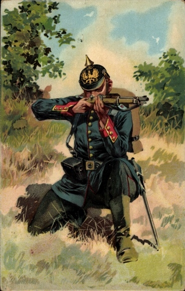 Künstler Litho Hoffmann, A., deutscher Soldat, Garde Jäger Regt. 7, Munitionsgürtel, Gewehr
