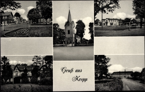 Ak Kropp in Schleswig Holstein, Kirche, Schule, Straßenpartie