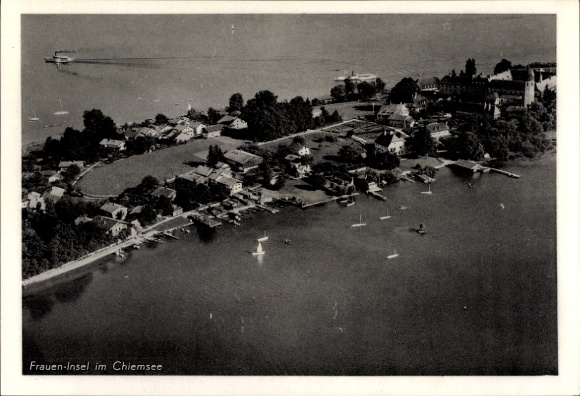Postcard Fraueninsel Chiemsee Upper Bavaria, Panorama, aerial photograph