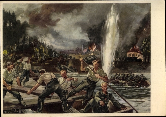 Kunstenaarskaart Mundorff, V., pioniers van de Wehrmacht, bruggenbouw, veldslag