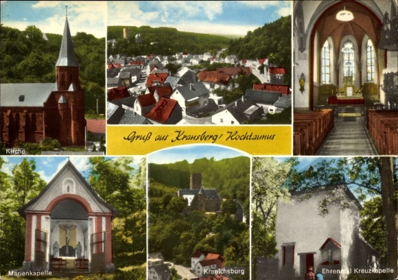 Postcard Kransberg Usingen im Taunus Hessen, restaurant butcher Felsenkeller, church, Marienkapelle