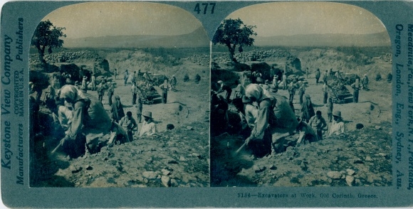 Stereo photo Corinth Greece, Digging among the ruins