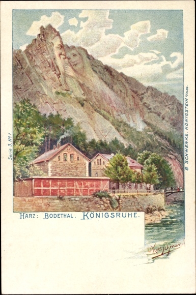 Artist Chromo-Litho Kretschmar, Thale im Harz, inn Königsruhe, Bodetal, mountain faces