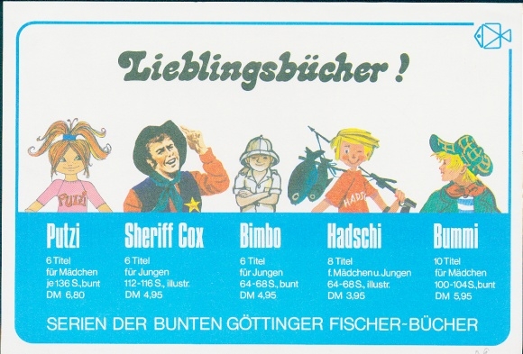 Timetable 1976/77, advertising, Bunte Göttinger Fischer books, favorite books, Putzi, Sheriff Cox