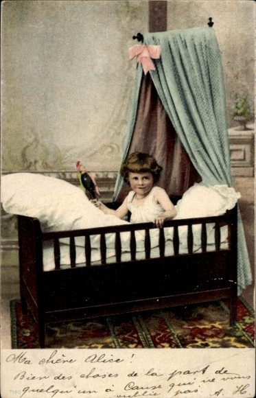 Postcard Girl in Bed, portrait with Doll