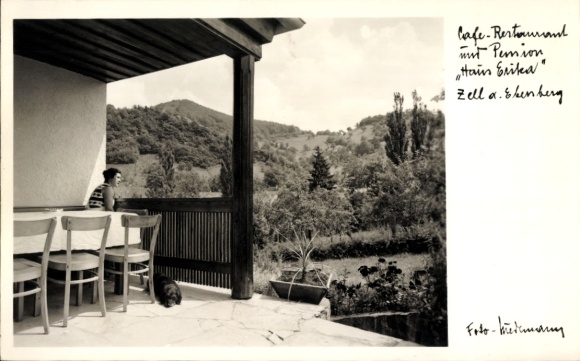 Postcard Zell am Main Unterfranken, Cafe Restaurant Pension, dog, woman, terrace, partial view