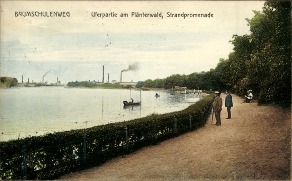 Postcard Berlin Treptow Baumschulenweg, Spree river bank at Plänterwald, beach promenade