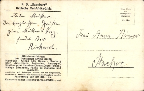 Postcard steamer Usambara, German East Africa Line, DOAL