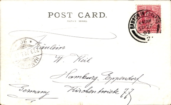 Postcard Barrow in Furness Cumbria England, monument at the square, tracks