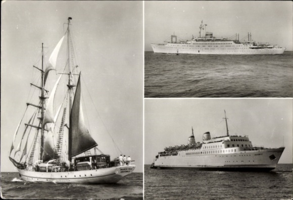 Postcard sailing training ship Wilhelm Pieck, holiday ship GTMS Fritz Heckert, ferry Sassnitz