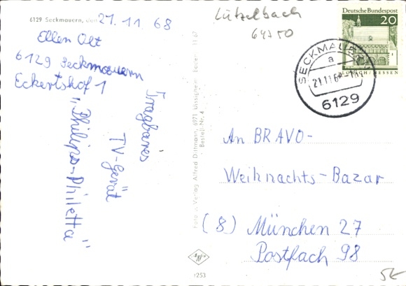 Postcard Seckmauern Lützelbach in the Odenwald Hesse, general view, deer, church