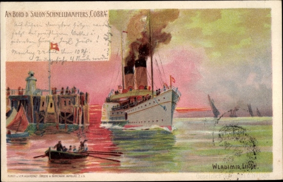 Künstler Litho Linde, Wladimir, Dampfer Cobra, HAPAG Seebäderdienst