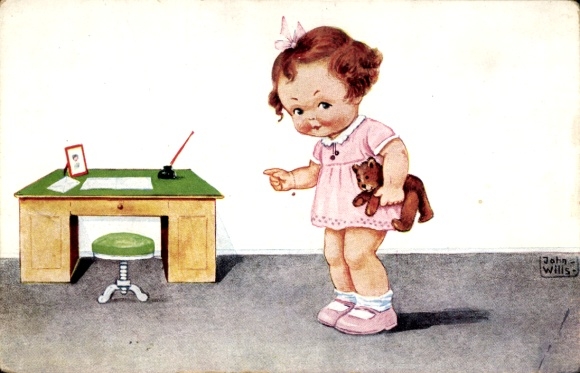 Artist Postcard Wills, John, Girl with Teddy Bear, Desk