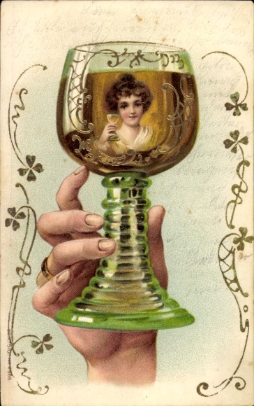 Embossed PC congratulations, wine glass, woman portrait