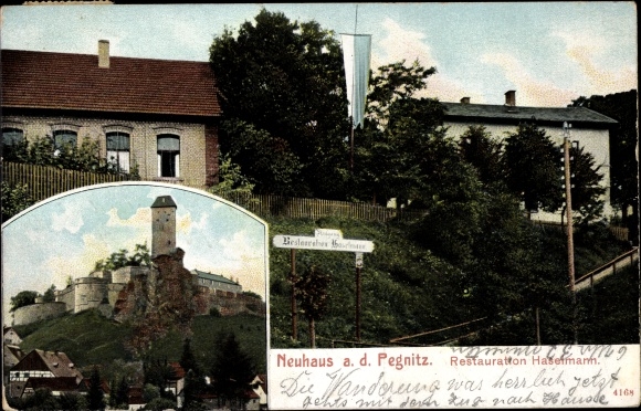 Ansichtkaart Neuhaus op de Pegnitz Midden-Franken, restauratie Haselmann, kasteel