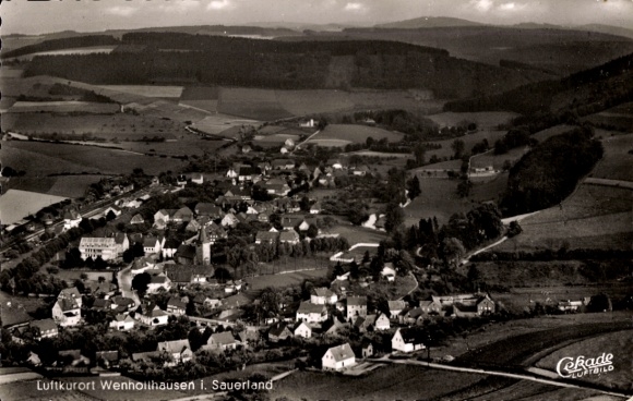Postcard Wenholthausen Eslohe in Sauerland, aerial photography, panorama, Pension Sauerländer Hof