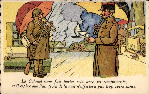 Ak Französische Soldaten, General mit Regenschirm, Tasse, Auto