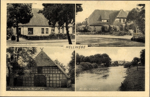 Postcard Hellwege in Lower Saxony, Mrs. Lange&#39;s office building, school, Lower Saxony farmhouse