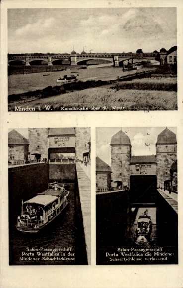 Ak Minden in Westfalen, Kanalbrücke, Salon Passagierschiff Porta Westfalica, Schachtschleuse
