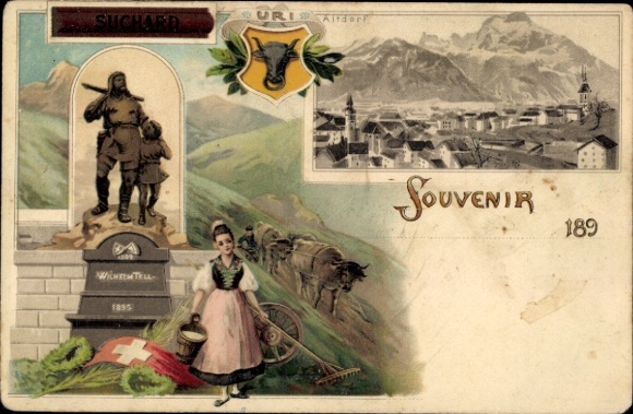 Lithografie Altdorf Kt. Uri, Tell Monument, vrouw in traditionele klederdracht, stadsgezicht, reclame Suchard