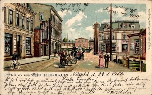 litho Süderbrarup in visserij, straatbeeld, actie Diederichsen, koets, fietsers