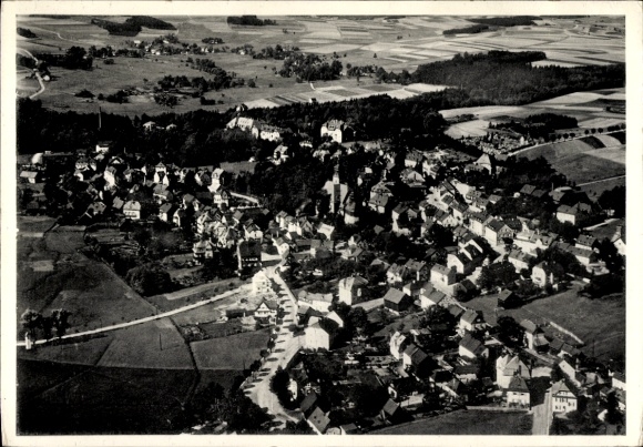 Postcard Bad Steben in Upper Franconia, aerial photograph, residential buildings, green fields, landscape, blackish