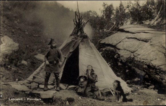 Postcard Lappland, family picture, tent, dog, folk costume