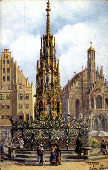 Artist Postcard Sollmann, Nuremberg in Middle Franconia Bavaria, Beautiful fountain