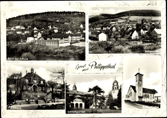 PC Philippsthal an der Werra, view of the school, partial view, town hall, castle garden, Catholic church