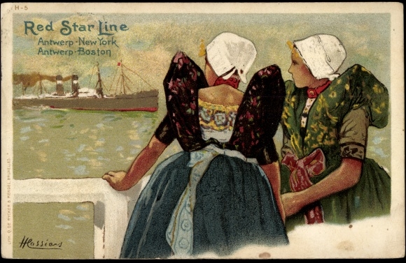 Artist Chromo-Litho Cassiens, Steamer, Red Star Line, Antwerp New York Boston, Dutch costumes