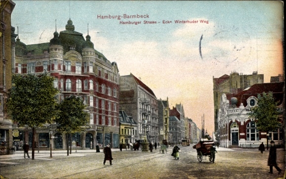 Postcard Hamburg Nord Barmbek Barmbeck, Hamburger Straße corner Winterhuder Weg, passers-by
