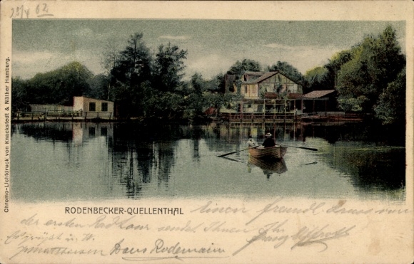 Ansichtkaart Hamburg Wandsbek Bergstedt, RodenbeckerQuellental, roeiboot, gebouw
